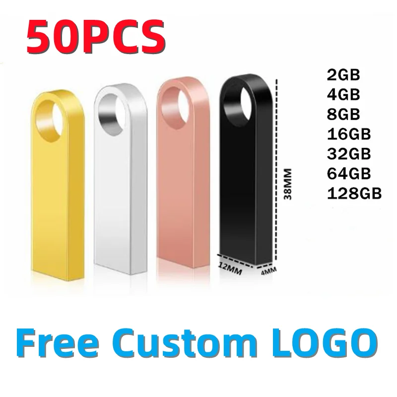 50PCS/lot Free Custom LOGO USB 2.0 Metal Waterproof Memory Flash Pendrive 2GB 4GB 8GB 16GB 32GB 64GB 128GB OEM ODM