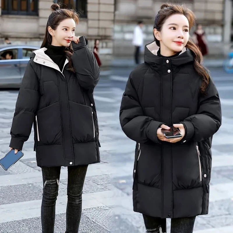 2022 New Winter Warm Thick Loose Cotton Coat Korean Hooded Solid Parkas Coat Female Outwear Winter Women's Cotton Padded Jacket