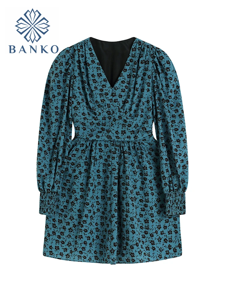 

2021 New Autumn Women Dress Print Lantern Sleeve Korean Fashion High-waisted Skirt Vintage V Collar Vestidos Slim Elegant Dress