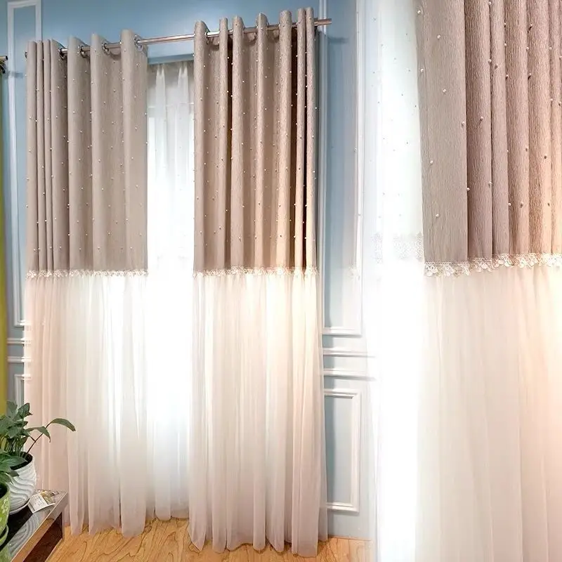 

Luxury Romantic Stitching Pearls Skirt Curtain for Living Room Solid Sheer Lace Drape Window Bedroom Treatment #E