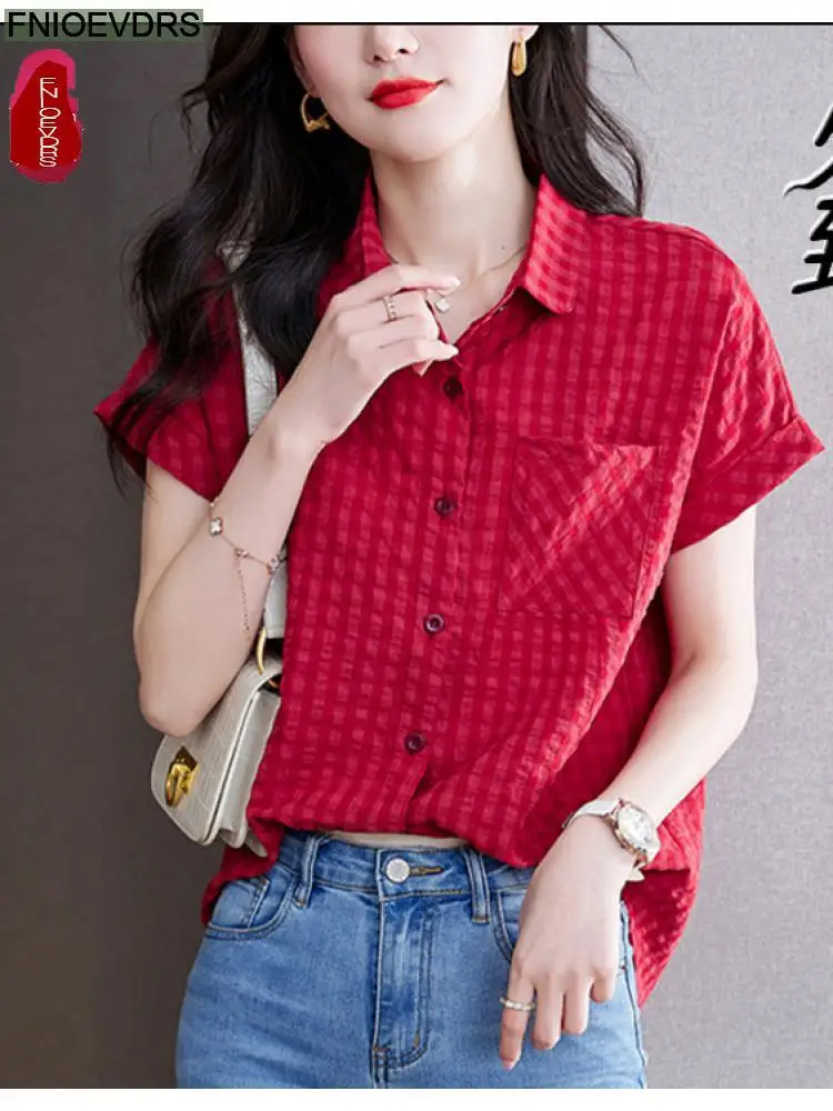 

Button Shirts 2022 Woman Summer Single-Breasted Red Blue Office Lady Work Basic Wear Casual Retro Vintage Tops Blusas