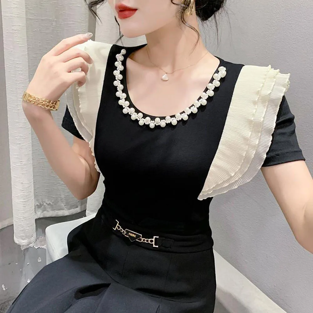 Женская летняя футболка с оборками и круглым вырезом жемчугом