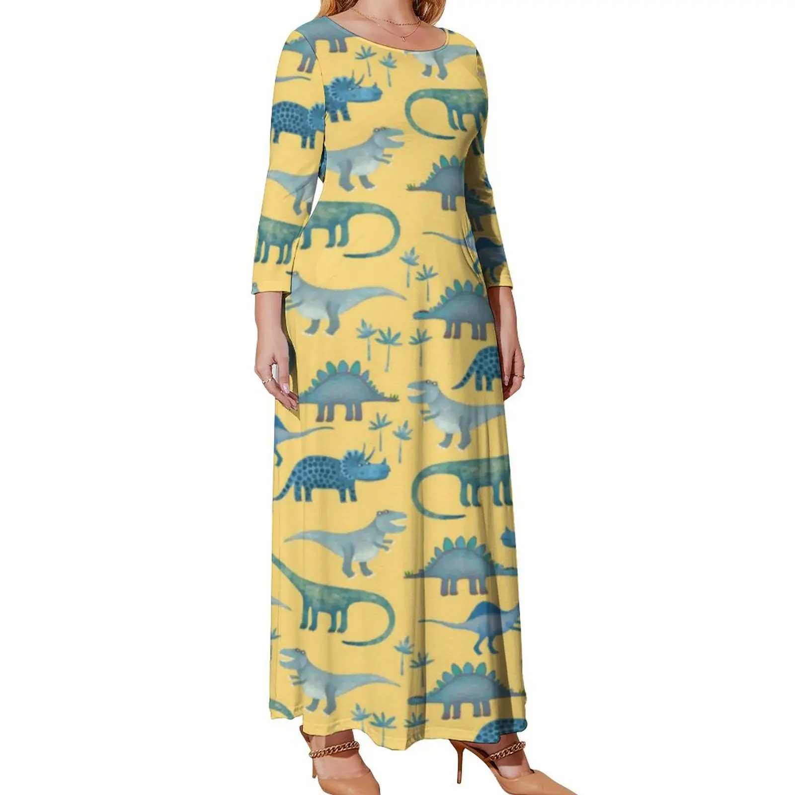 Cute Dinosaurs Dress Animals Art Print Beach Dresses Long Sleeve Street Fashion Long Maxi Dress Sexy Vestidos Plus Size 4XL 5XL