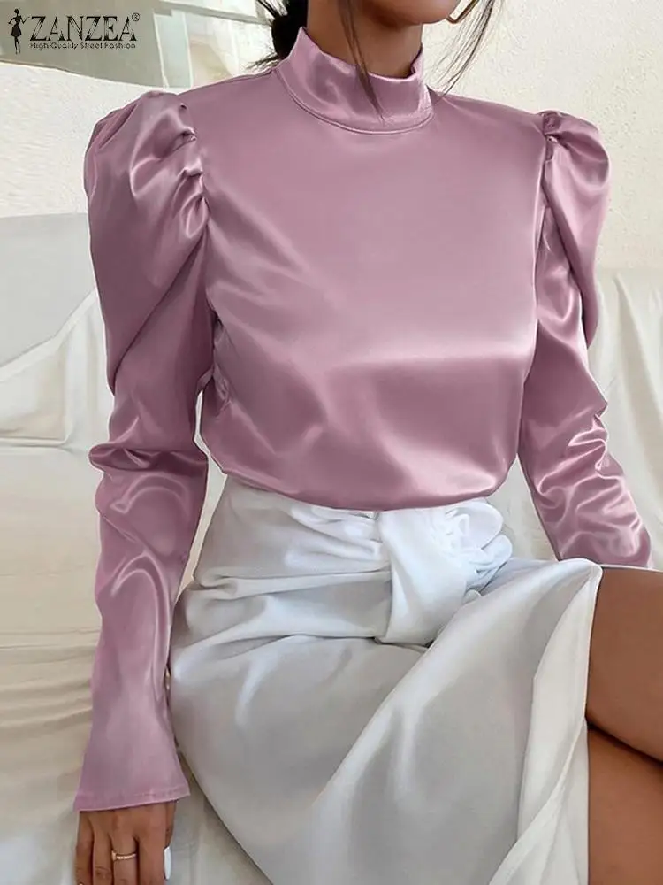 

Блузка ZANZEA Женская атласная с пышными рукавами, элегантный однотонный топ свободного покроя с воротником-стойкой, большие размеры, для отды...