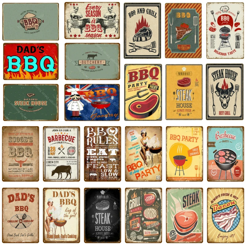 

Dad's BBQ Party Free Drinks Metal Signs Antique Pub Hotel Steak House Decor Barbecue Grill Retro Wall Painting Plaque YJ149