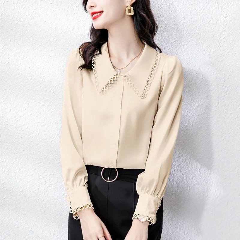 

#1741 Womens Tops And Blouses Elegant Satin Woman Shirt Peter Pan Collar Print Panelled Long Sleeve Spring Autumn White Apricot