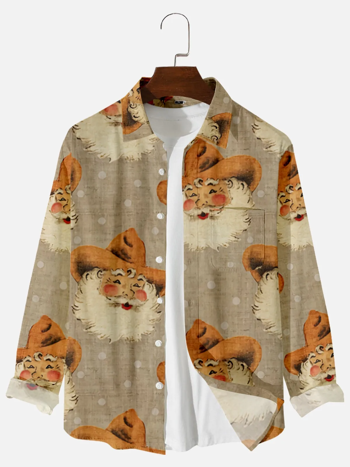 

DUTRIEUX Men's Christmas Santa Claus Lapel Print Long Sleeve Shirt