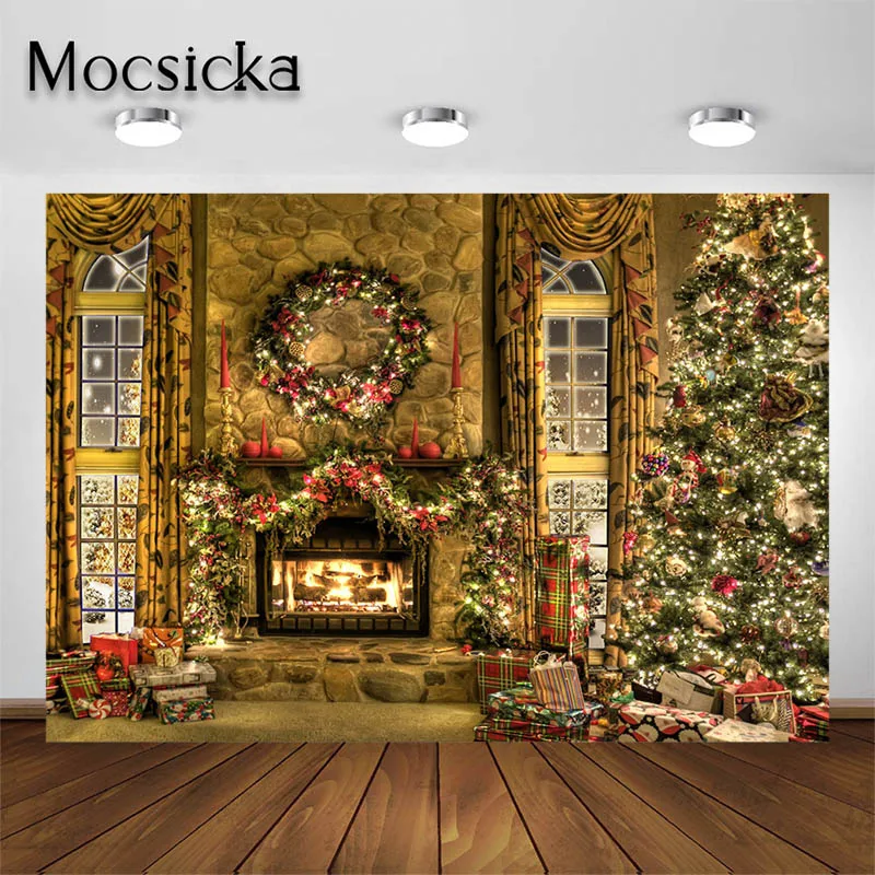 

Золотой винтажный Рождественский фон Mocsicka для камина, венок, подарки, фон для детей и взрослых, реквизит для фотостудии, декоративный баннер