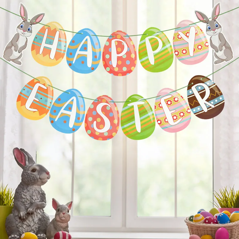 

1set Happy Easter Banner Bunny Rabbit Egg Paper Bunting Garland Flag Easter Home Wall Hanging Decoration Festival Party Supplies