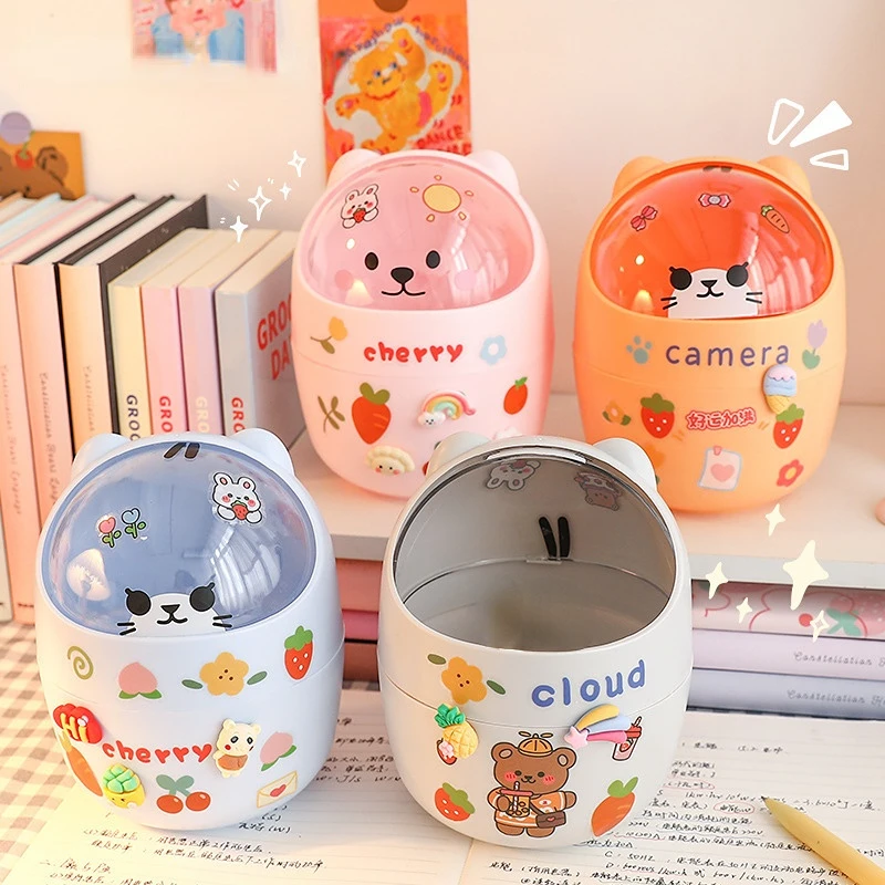 Bear Desktop Trash Can Storage Organizer for Desk Mini Cute Desk Organizer Plastic Pen Holder Kawaii Korean Stationery Storage