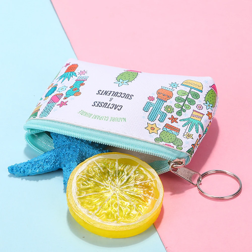 Hot 1PCS Women PU Zipper Small Coin Bags Cactus Printing Fresh Mini Coin Holder Purses Girl Children's Wallet Key Purse Pouch