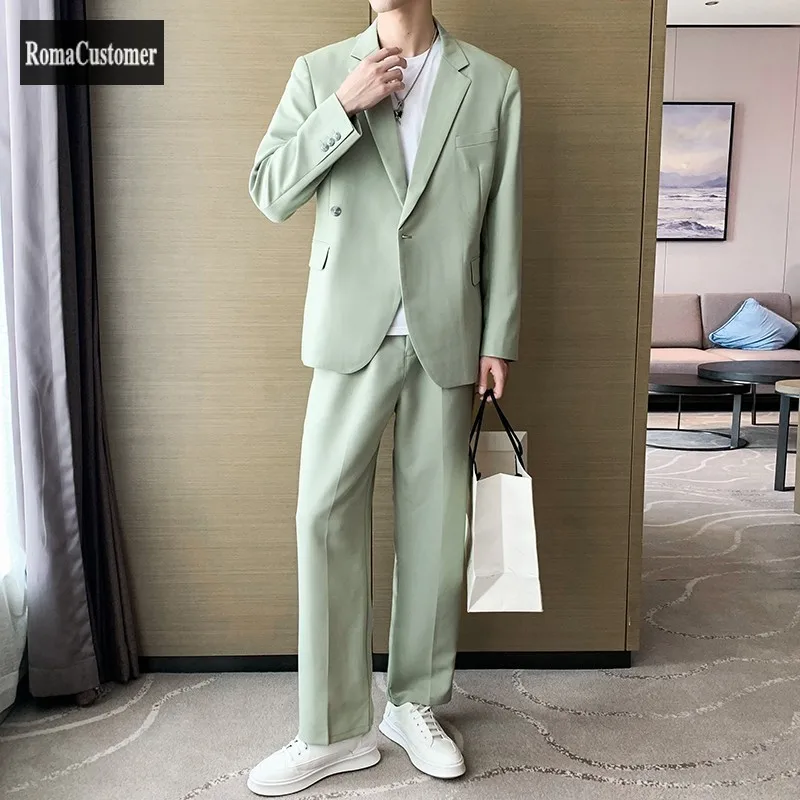 

Business Casual Suits Sets Mens Autumn New Solid British Style Loose Blazer Trend Male All-Match Straight Pants Two Piece Set