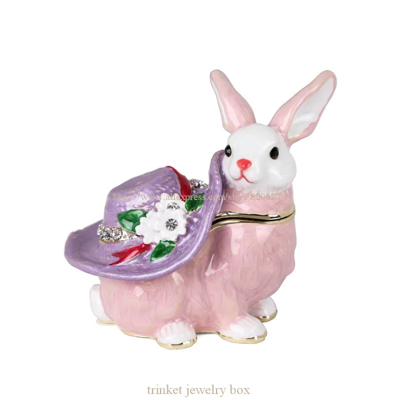 Rabbit with Floral Hat Trinket Boxes Hinged Enamel Hand-Painted Animals Ornaments Unique Gift