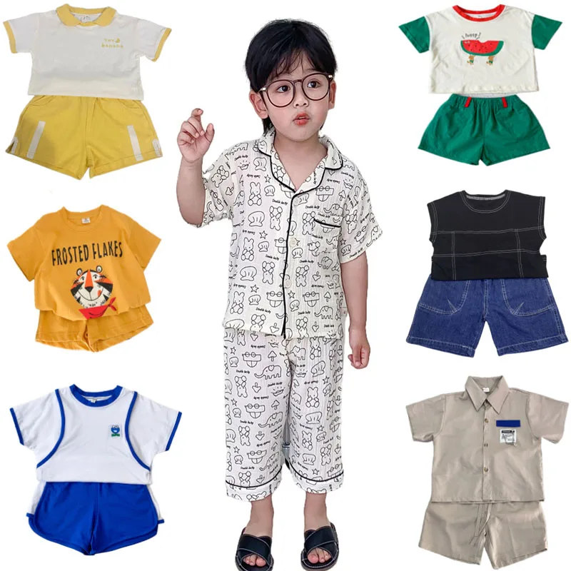 

Children's Suit 2022 Summer Korean Version Sleeveless T Denim Shorts Boys And Girls Floral Shirts Trendy Cartoon Two-Piece Suit