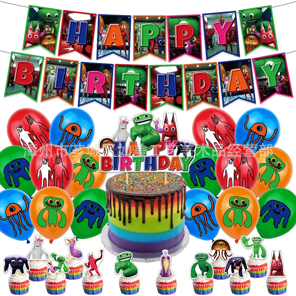 

A Set Garten of Banban Happy Birthday Party Decoration Banner Cake Toppers Green Monster Game Tableware Balloons Party Supplies