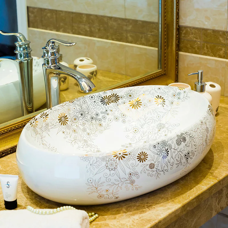 

Flower Shape Europe style chinese wash basin Jingdezhen Art Counter Top ceramic basin sink decoration bathroom sinks