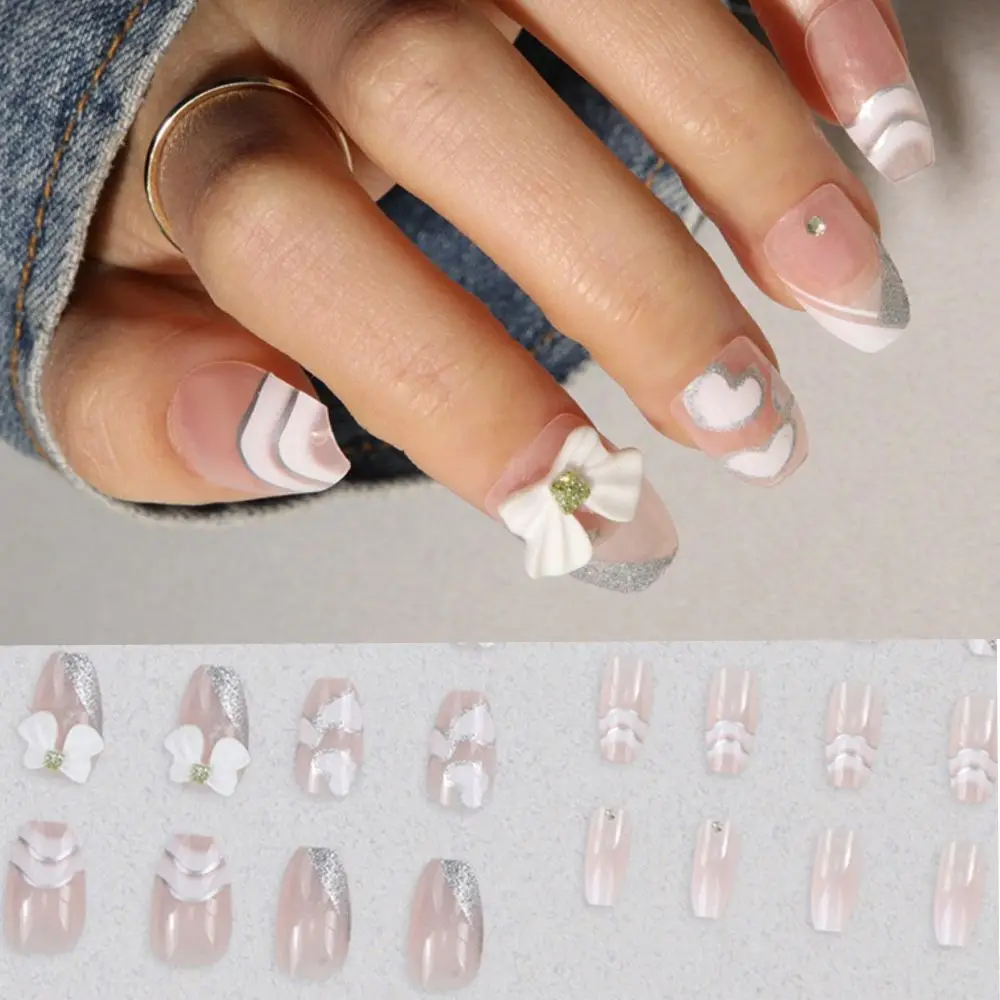

24pcs Detachable False Nails DIY Glitter Love Full Cover Short Ballerina Coffin Fake Nails French