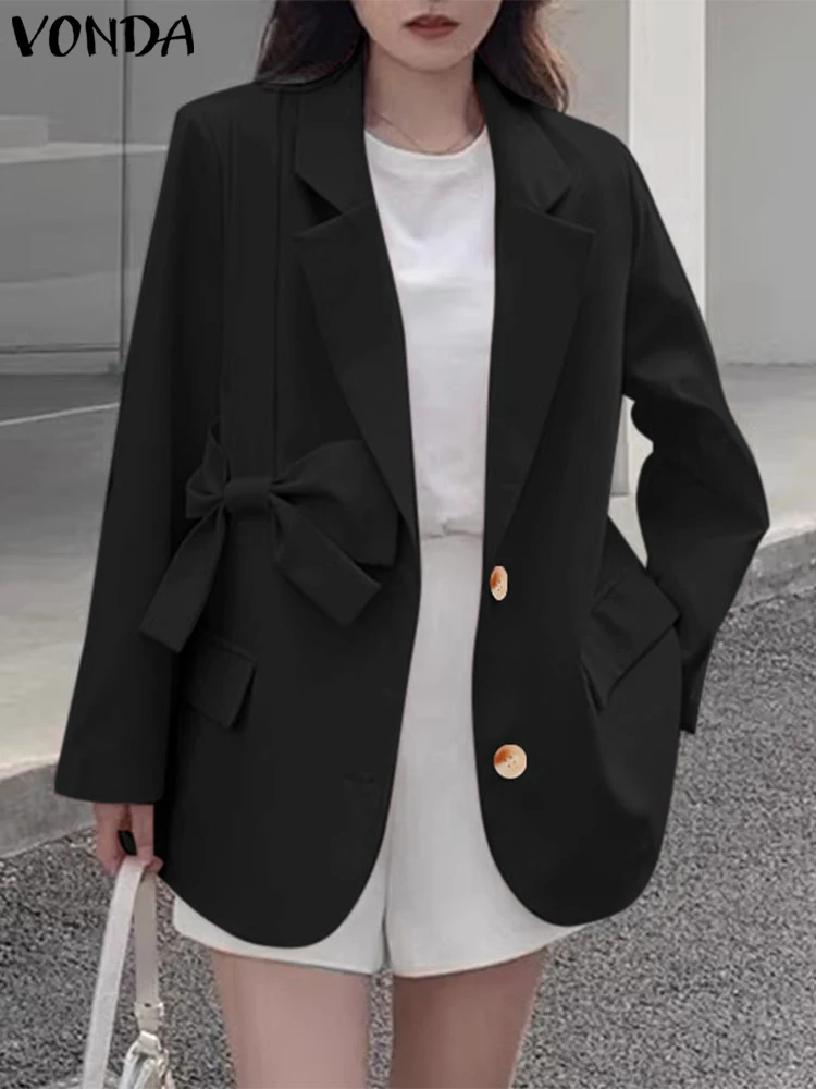 VONDA осеннее модное пальто с отложным воротником и бантом повседневный пиджак