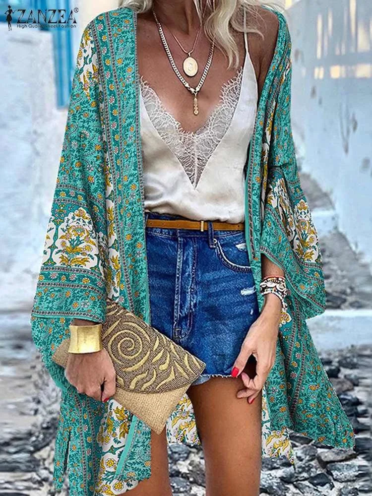 

ZANZEA Women Cardigan Summer Open Front Bohemian Floral Printed Blouse Kimono Casual Loose Beach Tops Vintage Long Sleeve Blusas
