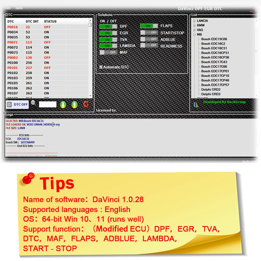 

DaVinci 1.0.28 Car Repair Software ECU Newest Version 1.0.26 DPF EGR TVA DTC MAF FLAPS ADBLUE LAMBDA SOFTWARE Work With K E S S