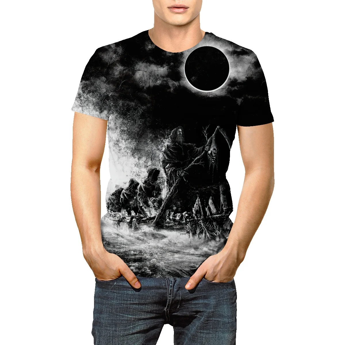 

Футболка мужская свободного покроя, хлопковая с рукавом до локтя, с принтом черепа, большие размеры