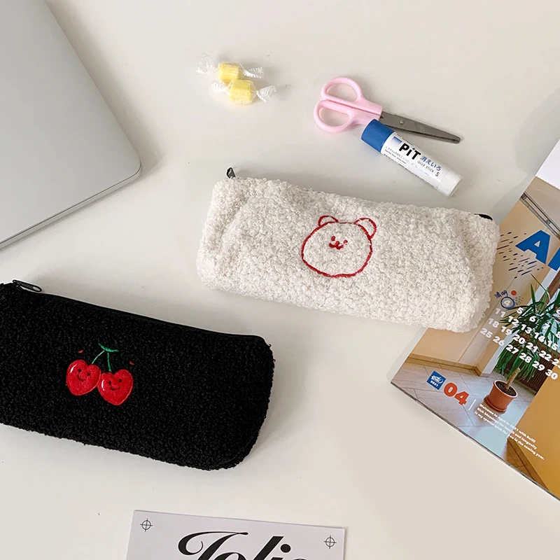 

Soft Plush Pencil Case Cute Cherry Embroidery Pencil Bag Plush Bear Pencil Pen Pouch School Student Stationery Supplies Kid Gift