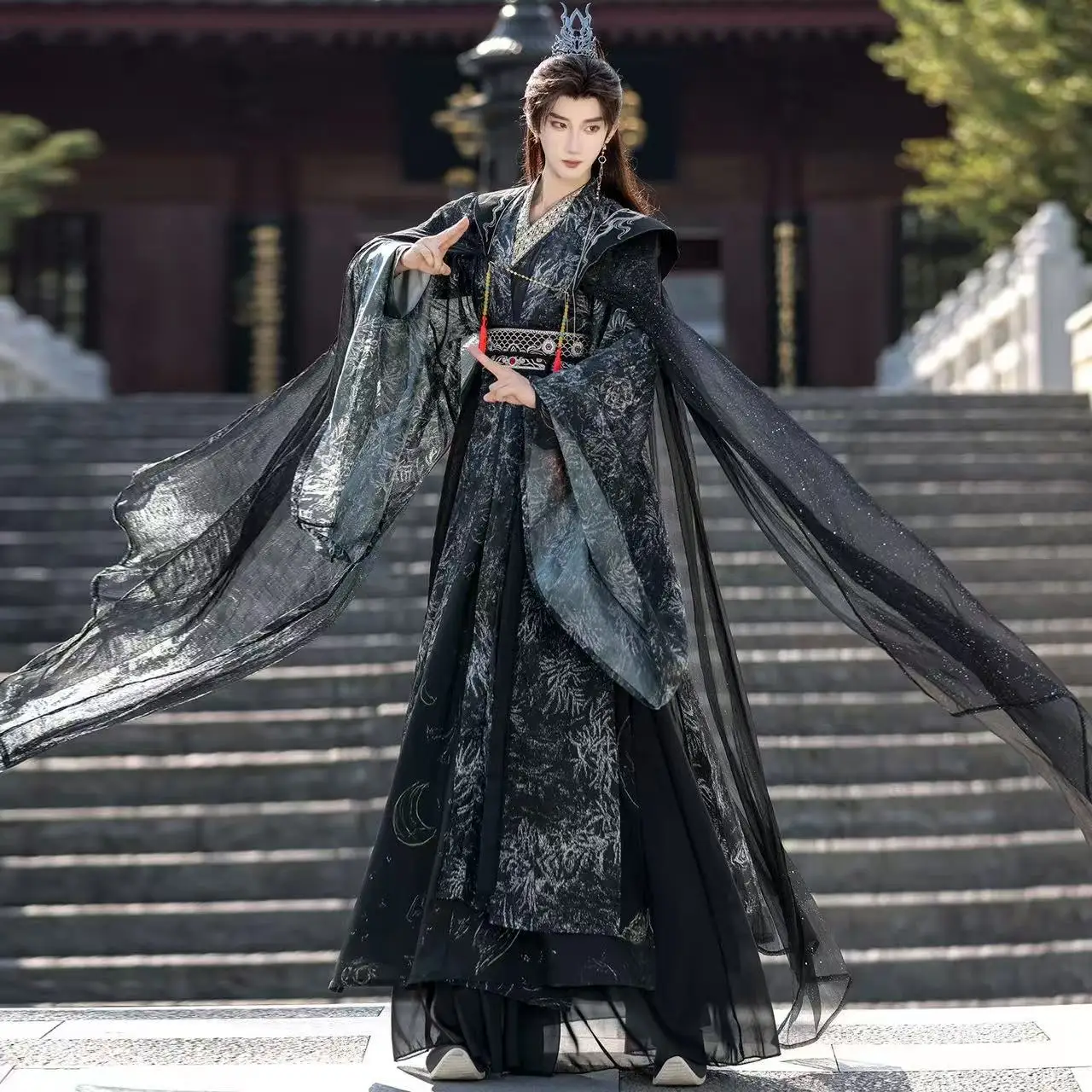 Фото Темно-черный король Hanfu, мужская одежда в традиционном китайском стиле, древний крестовый воротник, халат с большими рукавами, костюмы для косплея из комиксов №4
