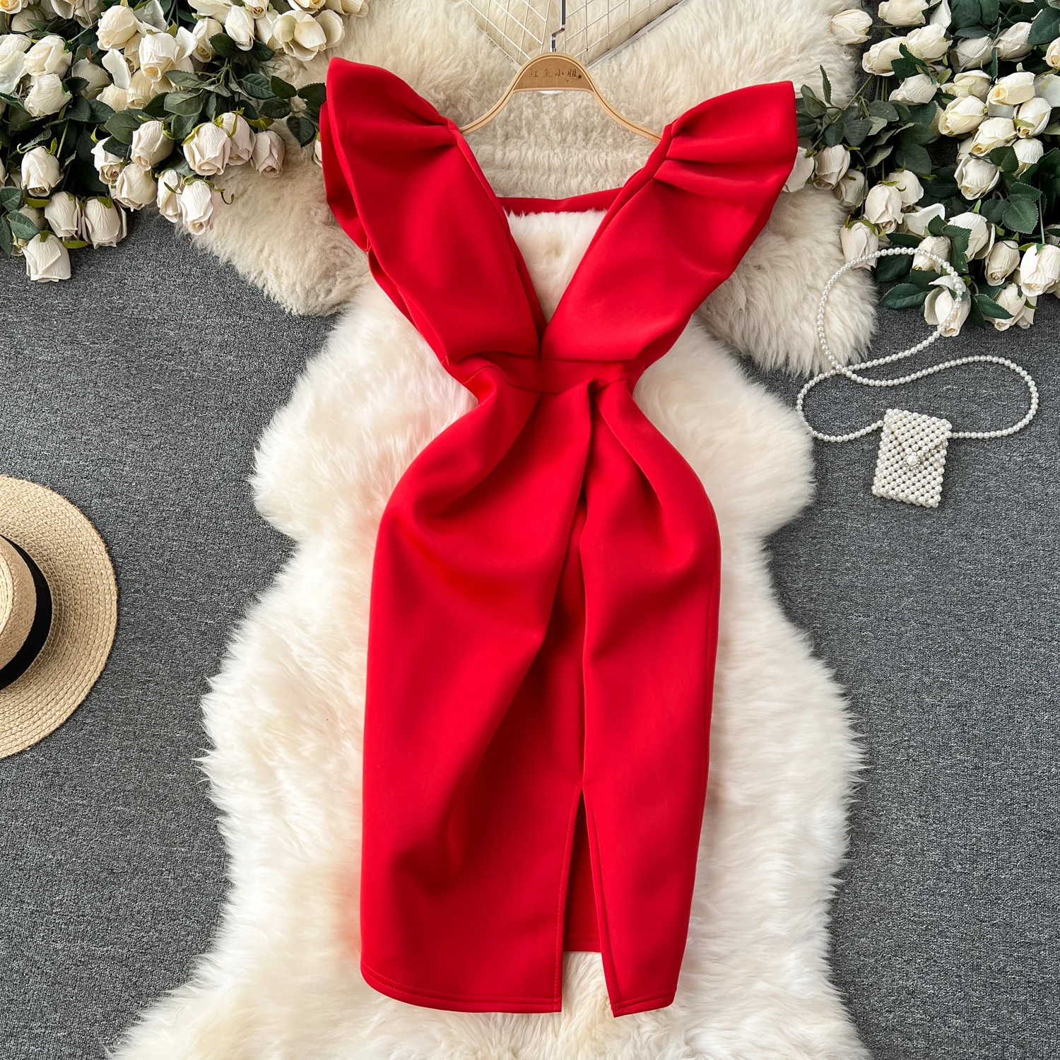 

Элегантное сексуальное платье с высокой талией, с V-образным вырезом, без рукавов, с разрезом, платье для отпуска, облегающее женское платье, церемониальное платье