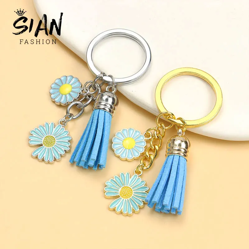 

Lovely Colorful Daisy Flower Enamel Keychain Chrysanthemum Tassel Pendant Key Chains for Women Car Bag Key Accessories Souvenir