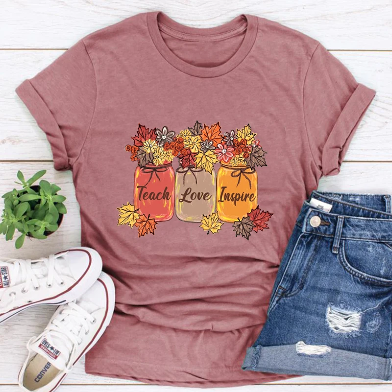 

Fall Teacher Tshirt Thankful Floral Shirt Teach Love Inspire Shirts Teacher Thanksgiving Vintage Clothes Fall School Tees M
