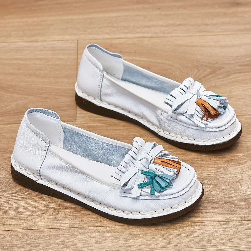 

Classic Top Quality White Tassel Moccasins Women's Genuine Leather Loafers Bowknot Flats Shoes Fashion Woman Slip Ons Loafers