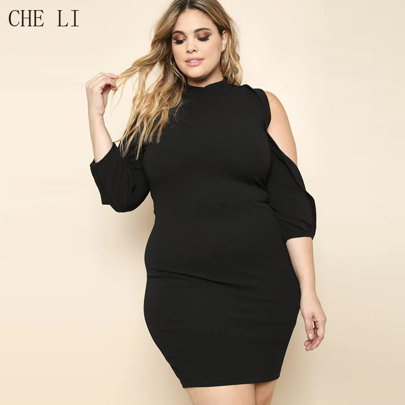 Plus Size Women's Dress 2022 Spring and Autumn New Dress Long-sleeved Hollow Strapless Sexy Nightclub Black Knitted Dress Female