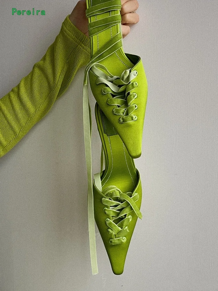 Green Lace-up Pumps 2022 New Arrival Solid Pointed Toe 6.5cm Thin High Heel Women's Sexy Fashion Party Shoes For Free Shipping