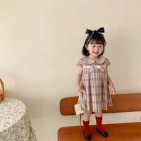 2022 summer school style girls dress doll lapel plaid short sleeved skirt 1 6 years old bow girl skirt