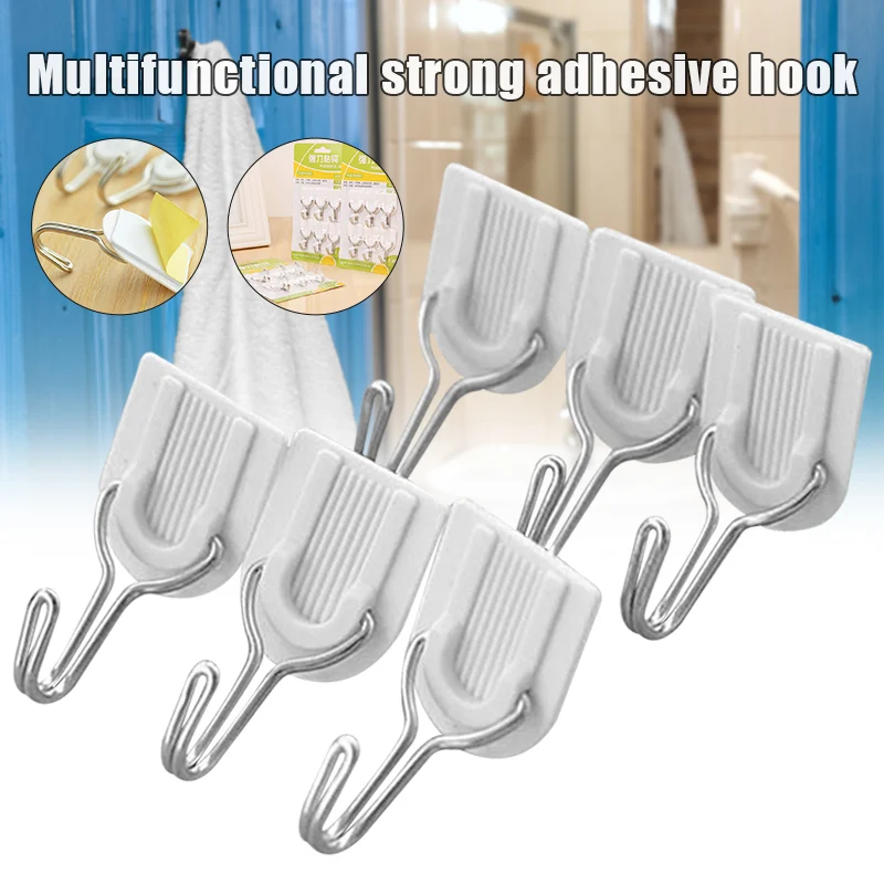 

New 6Pcs/set Wall Door Sticky Hanger Strong Adhesive Plastic Hook Holder for Home Kitchen Bathroom Multi-Purpose Hooks Storage