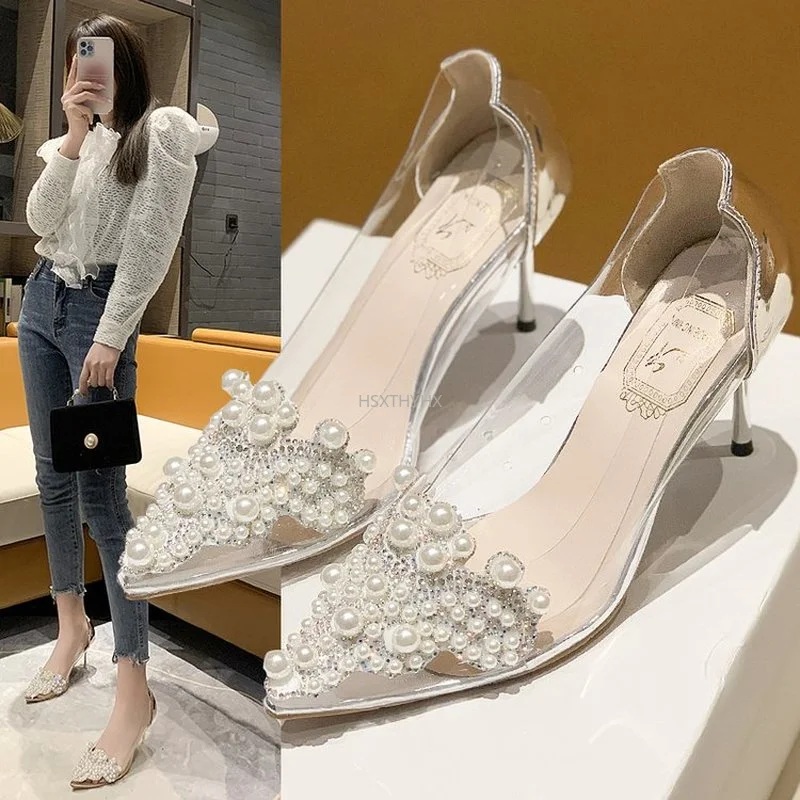 

Latest Style Elegant Pearl Pumps Women Summer 2022 Clear Pvc High Heels Shoes Ladies Breathable Thin Heel Wedding Party Shoes