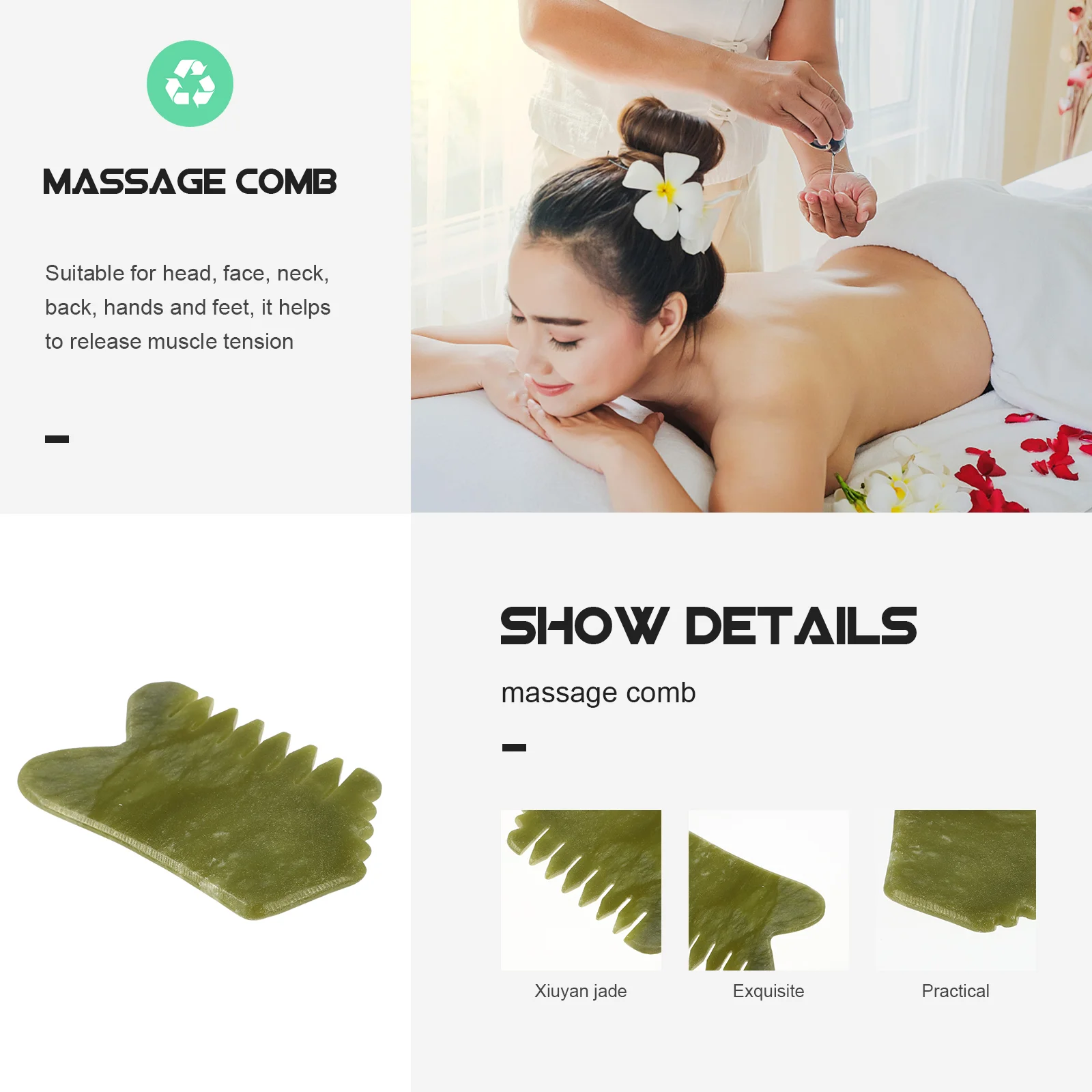Гребень для волос Guasha Xiuyan Нефритовый массажный инструмент скребок зеленого