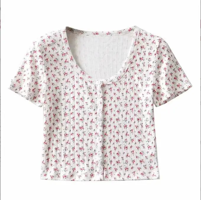 

Harajuku Summer Women'S Sexy Floral Short Sleeves Tees Girl Single Breasted Buttons Vintage Small Short T-Shirt Crop Top Jb92