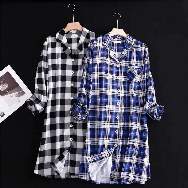 

Cozy and Stylish Plaid Nightgown Set Women's Cotton Flannel Sanding Long Sleeve Button Dress Perfect for Leisure and Home Wear