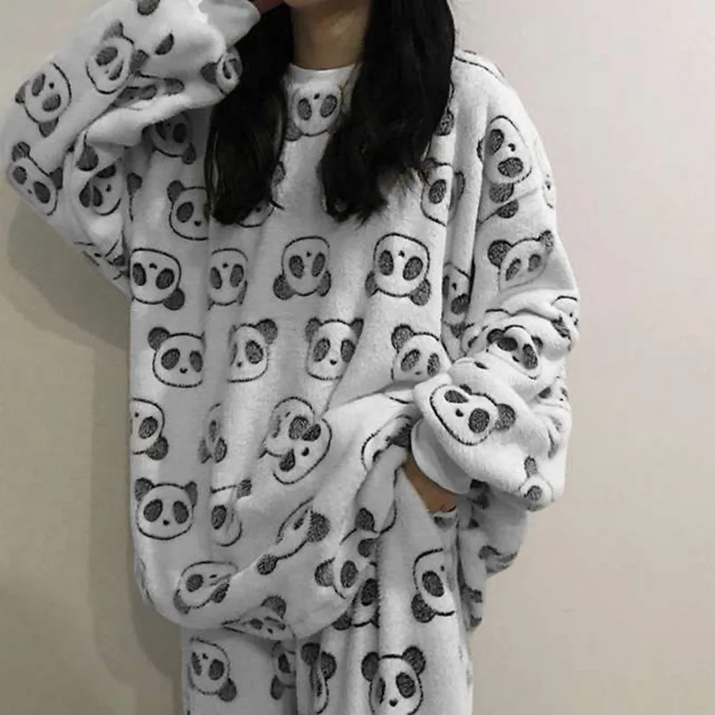 

Women Winter Plush Pajamas Sets Korean Cute Cartoon Coral Velvet Loose Warm Thickened Home Clothes Y2k Casual Sleepwear 2 Pieces