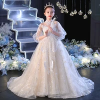 childrens evening dress princess dress girls white tailed host flower girl wedding dress exotic catwalk piano performance