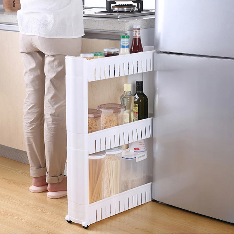 

Домашняя кухонная Мобильная полка для хранения, кухонная стеллаж для хранения, стеллаж для холодильника с боковым швом, экономия места