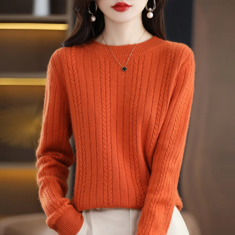 Autumn and Winter 2022 Thickened Cashmere Sweater Women's Pullover Round Neck Fried Dough Twist Sweater Loose Lazy Pure Wool