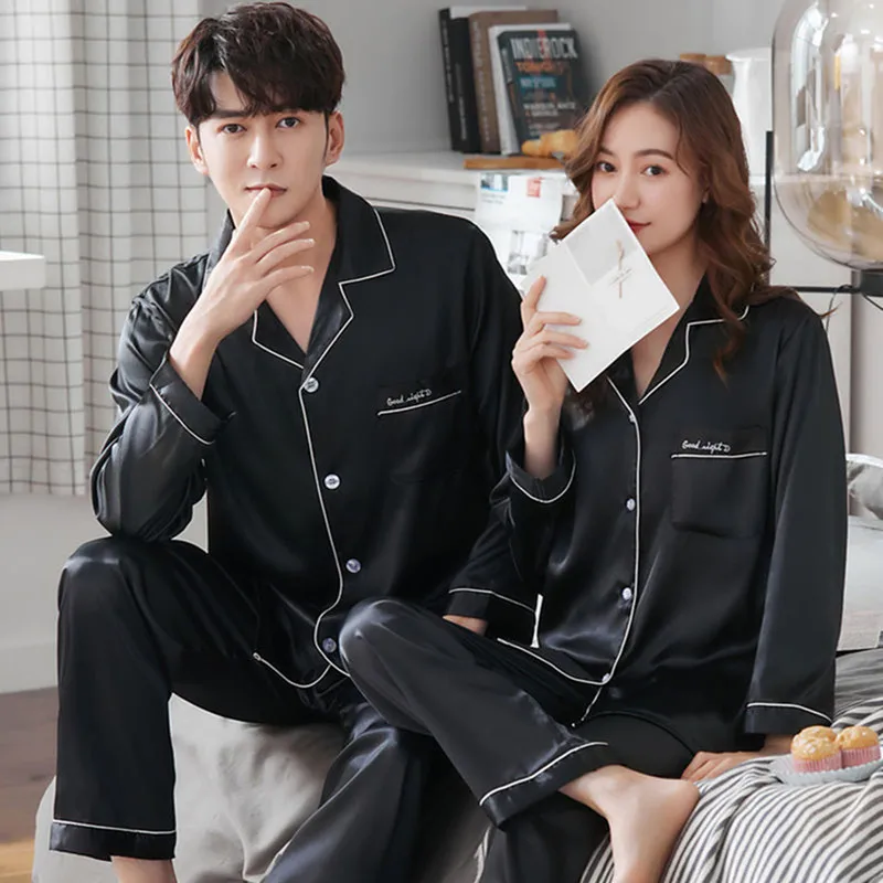 1 Spring couple silk long sleeve pajamas woman solid color ice silk autumn style home wear cardigan men's suit