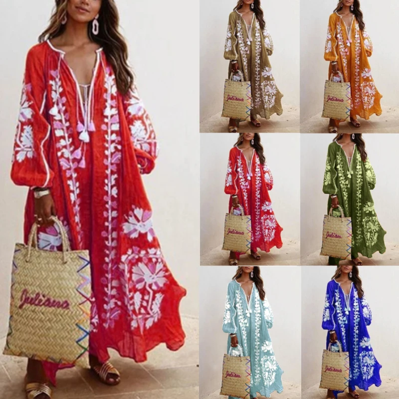 

Long Dress New V-neck Long Sleeve Loose Printed Spring Summer Autumn Fashion Casual Women Flowing Beach Skirt Light Breathable
