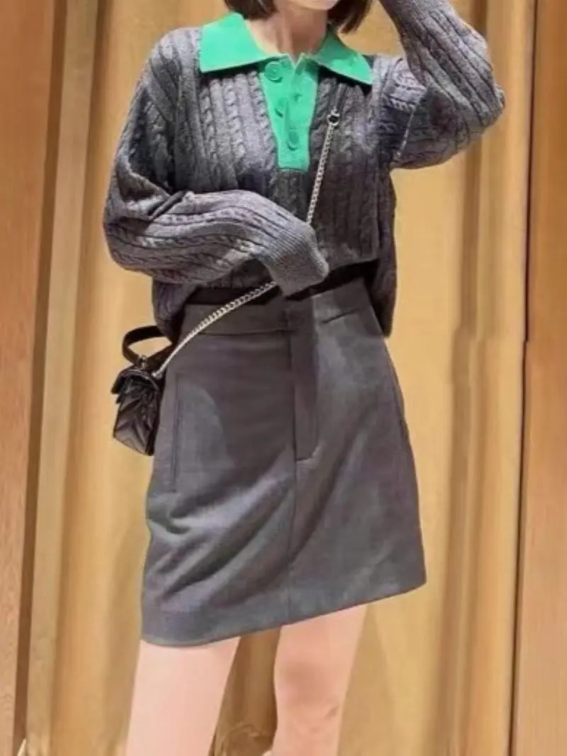 

Sweater for Women Green Front Buttons Turn Down Collar Long Sleeve Vintage Autumn Winter 2023 Knit Pullover