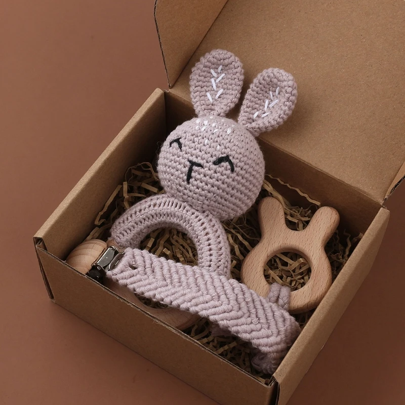 

3Pcs Beech Wooden Baby Teething Rings Crochet Bunny Rattle Toy Infant Teether Comfort Toys Braided Pacifier Chain Set