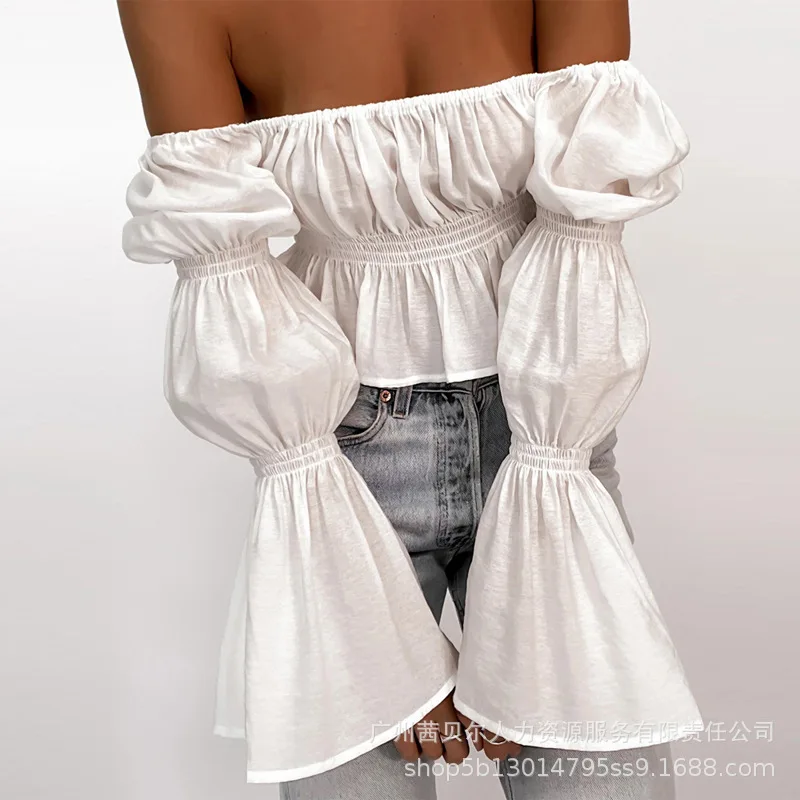 

Women T-shirt Top Summer Solid Color Elastic Pleated Slim Fit Patchwork Top Women Flare Sleeve Backless Slash Neck Strapless Top