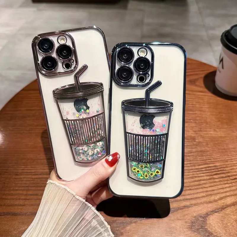 

2023 Milk Tea Cups Electroplated Quicksand Liquid Phone Case For iPhone 14 Pro Max 11 12 13 Pro Max Sequins Glitter Back Cover