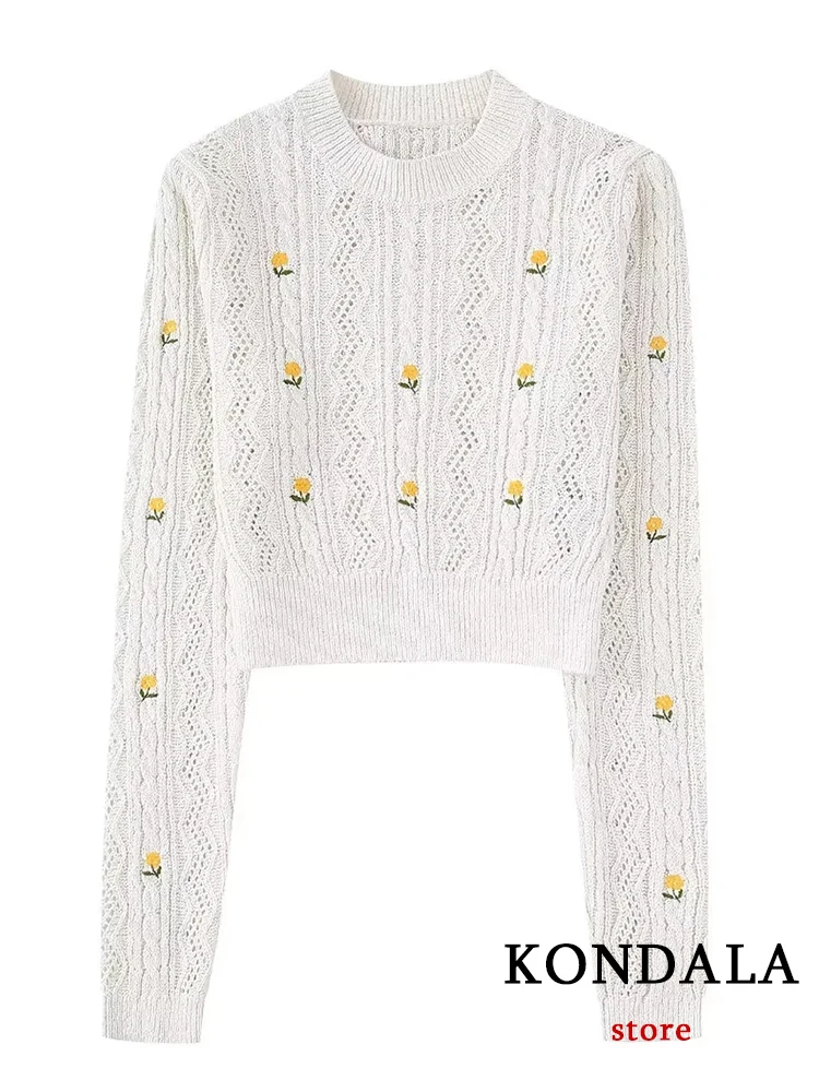 

KONDALA новый шикарный пуловер с цветочной вышивкой женский свитер с длинным рукавом модный универсальный короткий яркий уличный стиль